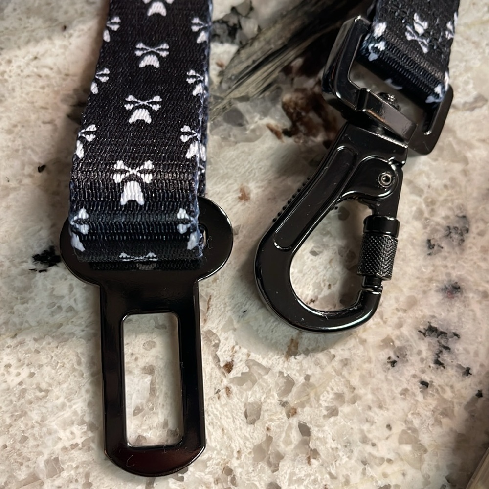 Frenchie Dog seat belt Car Leash Collar Bad to the Bone Print Black White strap